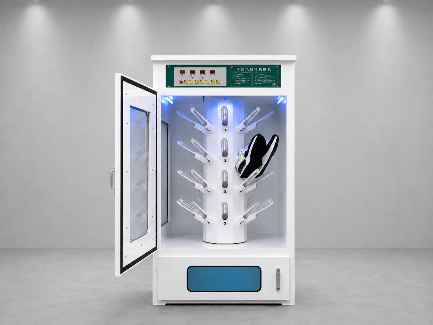Máquina de Secado de Tenis Modelo HEX20 — vista frontal con puerta abierta, carrusel giratorio y panel de control